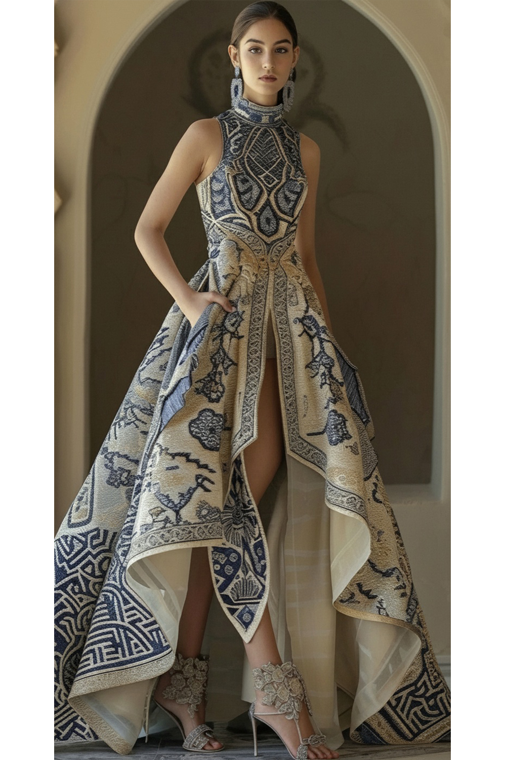 Robe de soirée élégante européenne pour femmes, ourlet bas et haut, poches, imprimé Floral, robe longue sans manches pour invités de mariage