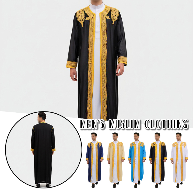 Robes islamiques musulmanes pour hommes, robe arabe, broderie dorée, manches longues, thobe, robes amples, kaftan, chemise, haut, style Dubaï, Arabie Saoudite