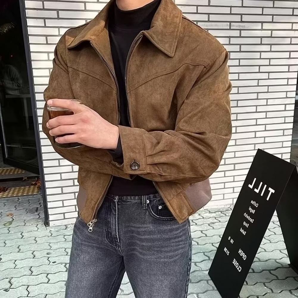 Veste zippée élégante pour hommes, veste à revers avec fermeture à glissière, poches latérales, couleur unie, vêtements d'extérieur pour Style court, manches longues
