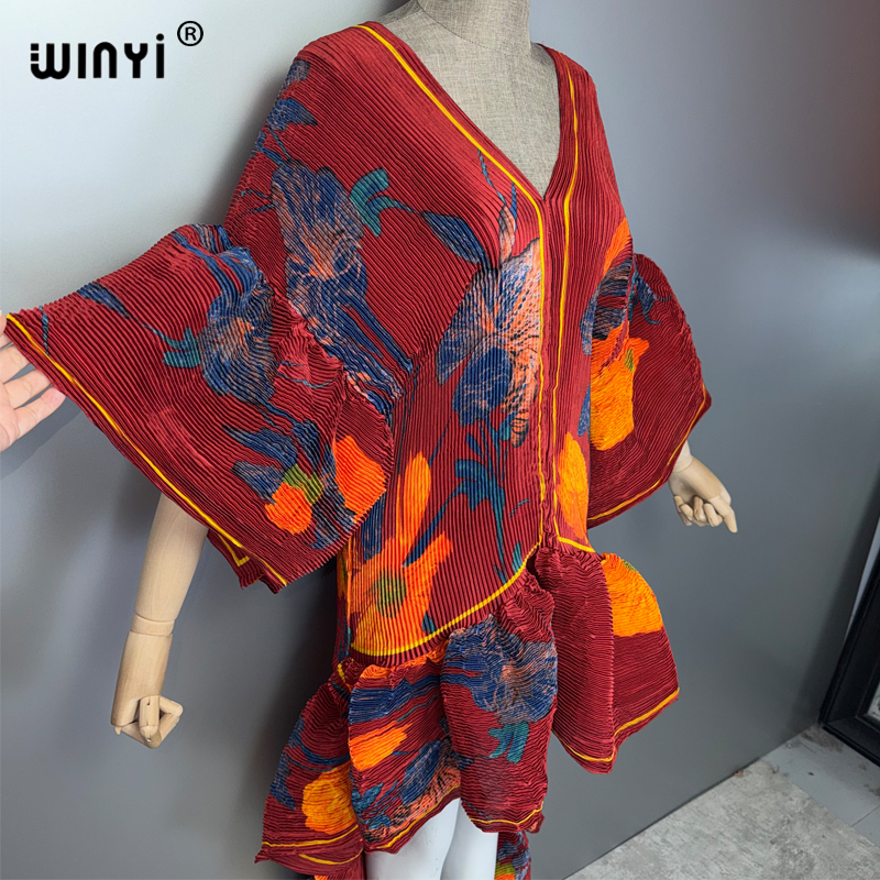 Robe Kaftan Maxi Bohème WINYI Style Moyen-Orient Élégante Plissée Cache-maillot de Plage Élastique Luxe Soirée Fête Dubaï Abaya