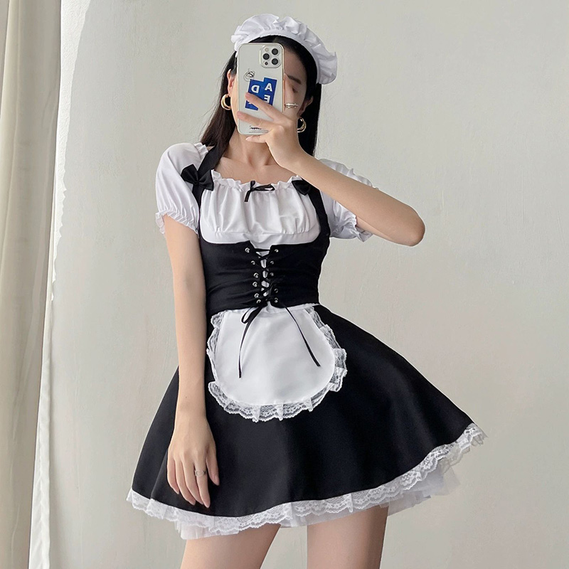 Robe Lolita pour femmes, tenue de demoiselle d'honneur mignonne Kawaii, tunique noire et blanche, uniforme, Costume Cosplay S-5XL