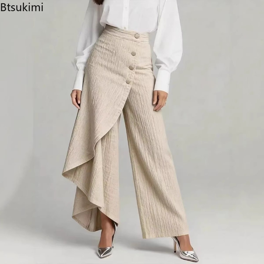 Nouveau pantalon décontracté à jambes larges pour femme 2026, design boutonné, coupe slim, imitation denim vintage, collection printemps