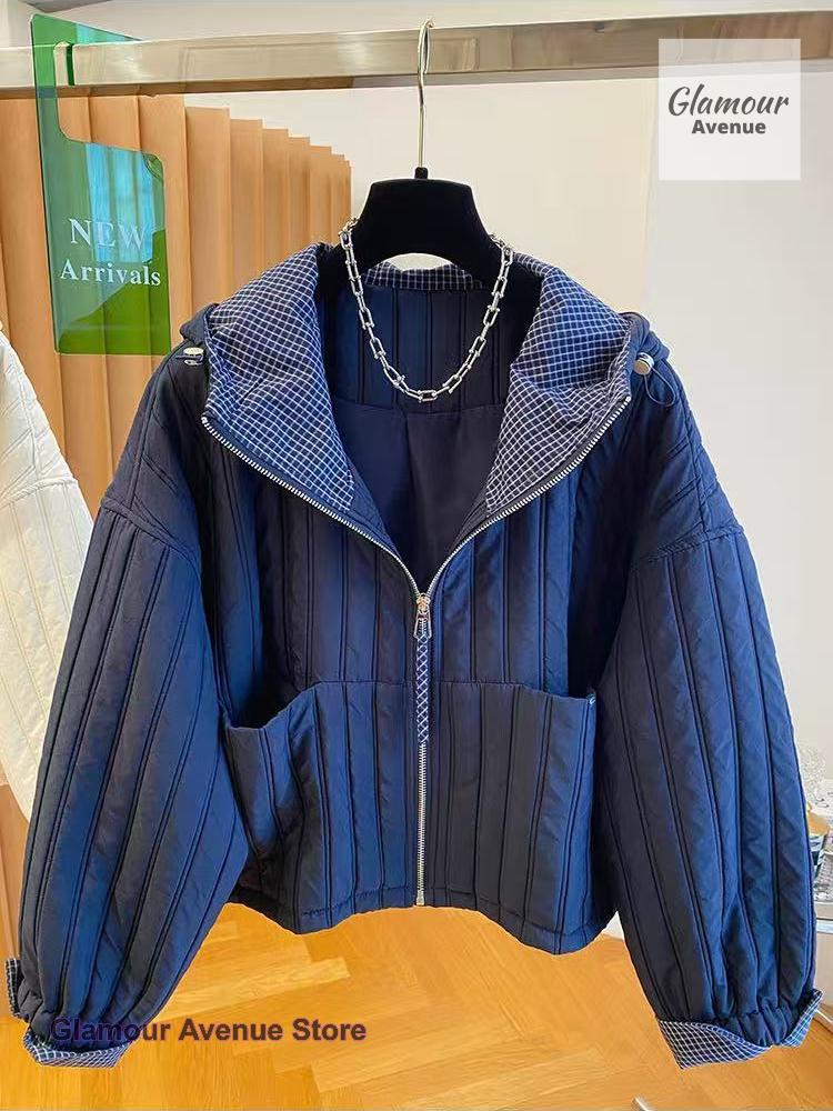 Veste à capuche en coton de style coréen pour femmes, nouvelle collection automne-hiver, veste décontractée à carreaux avec empiècements, légère et rembourrée en coton.