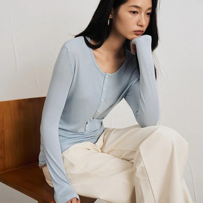 Haut à manches longues en mélange de soie et de laine pour femme, col rond, bordure boutonnée, coupe ajustée, couleur unie, rayé, tricot d'automne et d'hiver