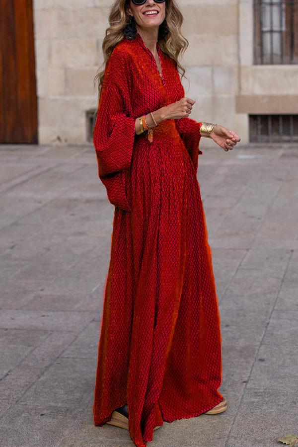 Vintage Boho femmes tenue décontractée printemps automne mode col en v Lantem manches plis taille ample Maxi robes de rue pour les femmes
