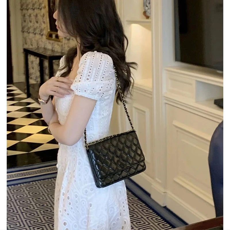 Robe mi-longue blanche évidée pour femme, robe à manches courtes, mode éducative, élégante, coréenne, chic, française, sexy, Kawaii, été