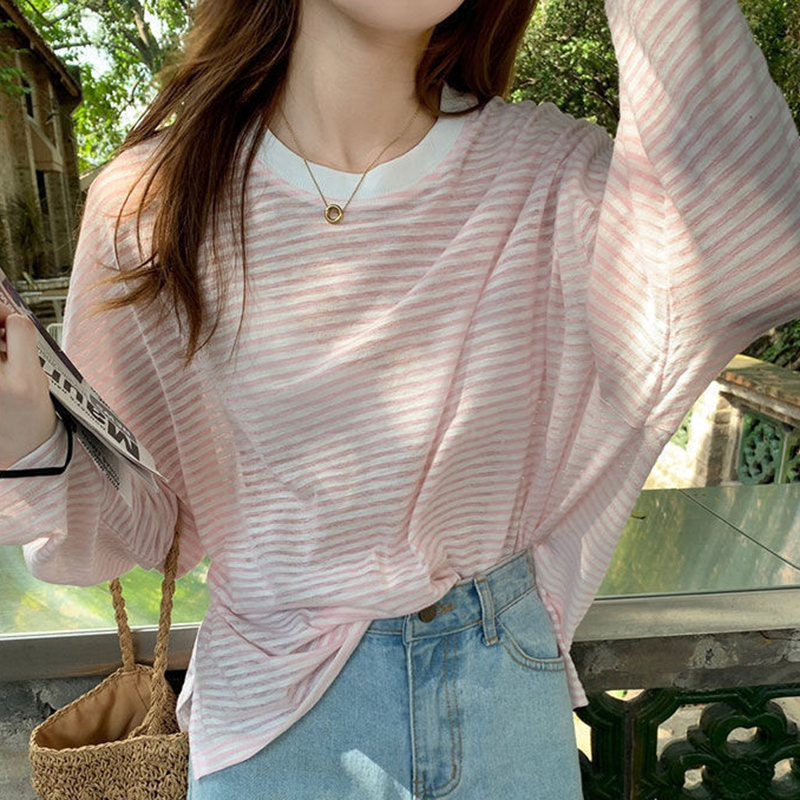 T-shirt à manches longues rayé ample pour femmes, été, fin, respirant, T-shirt surdimensionné, style streetwear, haut décontracté, T-shirt polyvalent