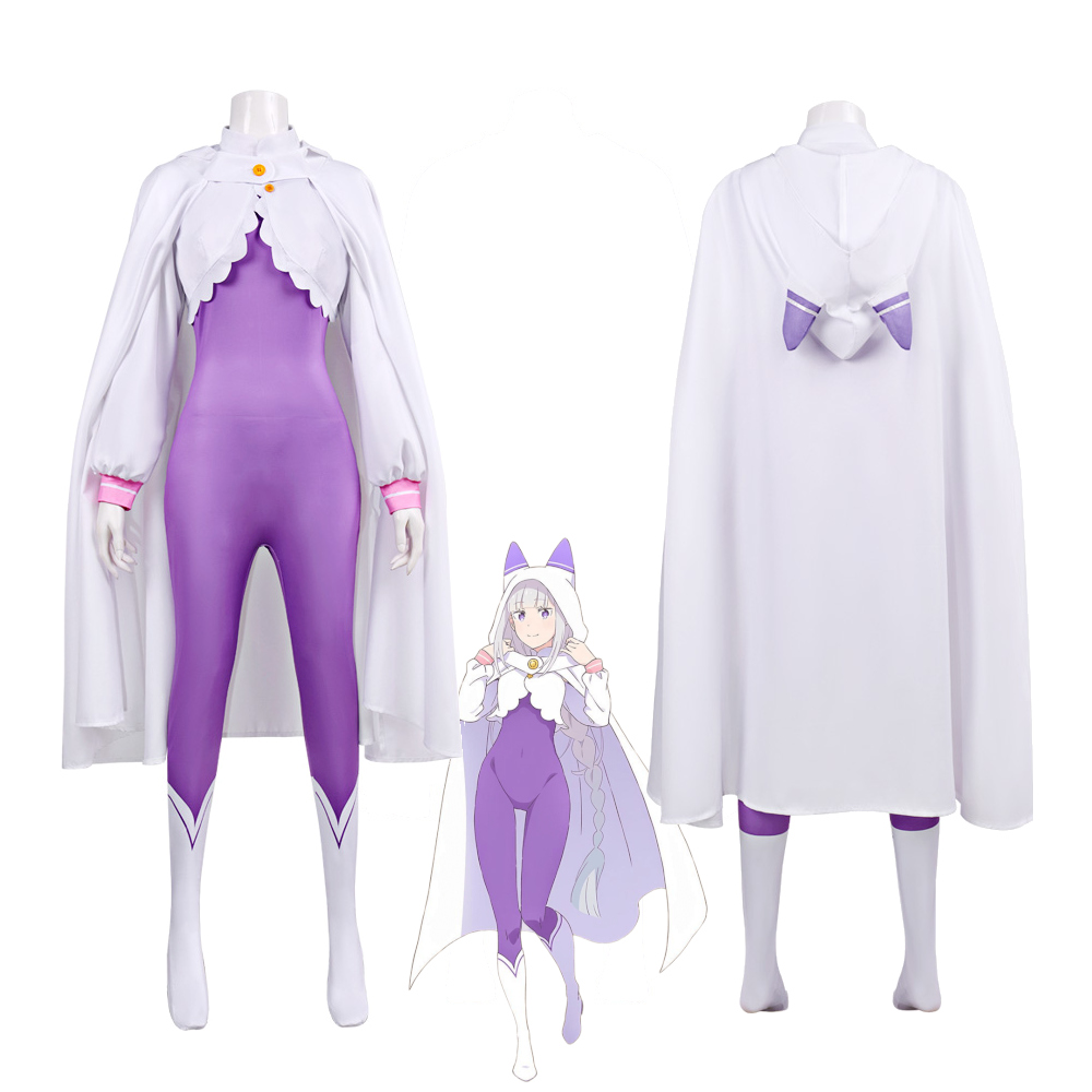 Déguisement Cosplay Emilia Re:Zero avec Cape à Capuche Oreilles de Chat Combinaison Violette Ensemble Complet pour Femmes Tenue de Fête Halloween