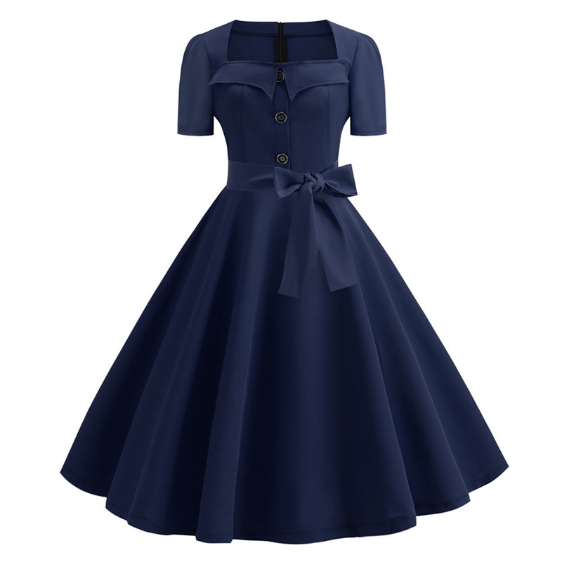 Femmes col carré élégant Vintage Robe d'été à manches courtes Robe Midi Robe Femme décontracté bureau Robe de soirée