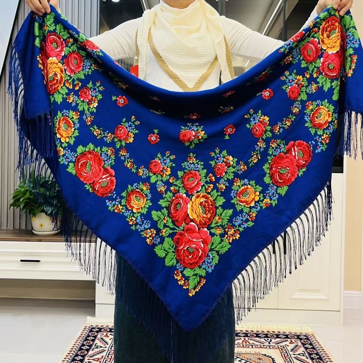 Foulard carré National russe pour femmes, 120x120cm, imprimé Floral de luxe, châles ukrainiens à franges, Bandana pour dames