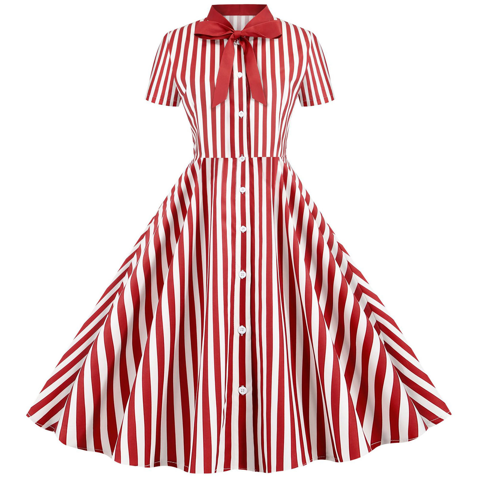 Robe d'été élégante pour femme, à manches courtes, imprimé rayé, avec nœud et boutons, coupe trapèze évasée, style vintage années 50-60, robe de soirée rockabilly