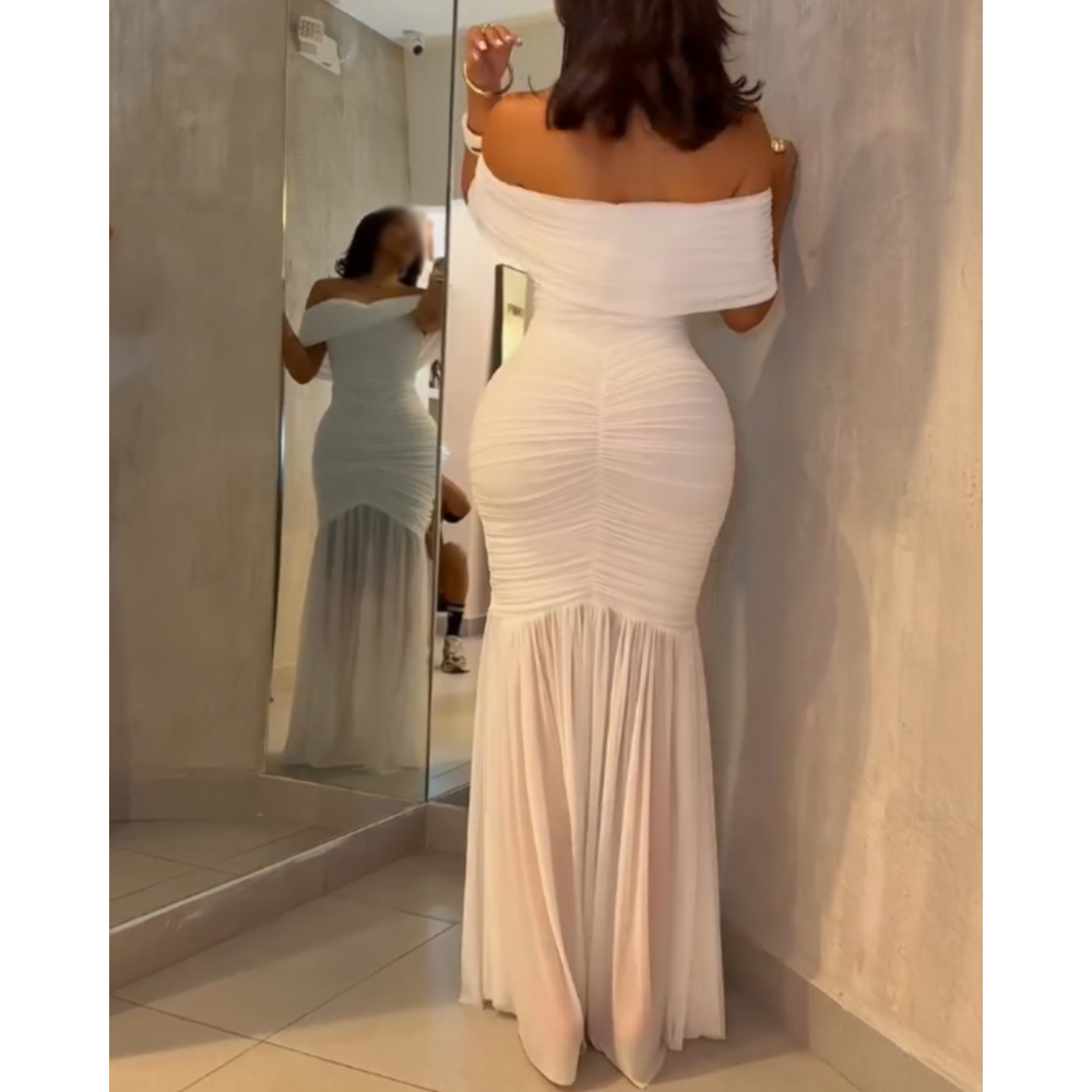 Robe de soirée sirène ajustée à épaules dénudées et taille froncée pour femme, collection 2026, idéale pour les fêtes et mariages