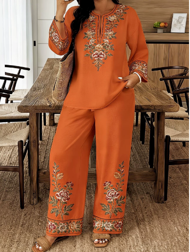 Ensemble deux pièces pour femme, nouvelle collection printemps-automne 2026, imprimé floral, haut ample à col rond et manches longues, et pantalon décontracté taille haute