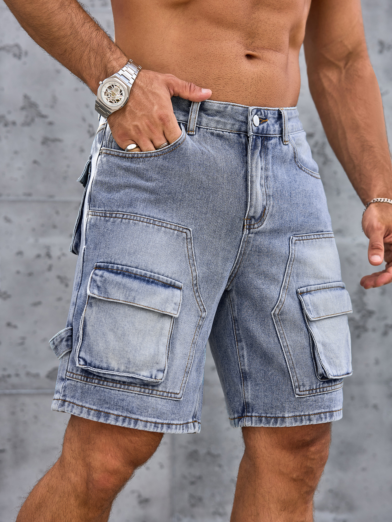 Shorts en jean pour homme, coupe slim, extensible, vintage, bleu, style workwear