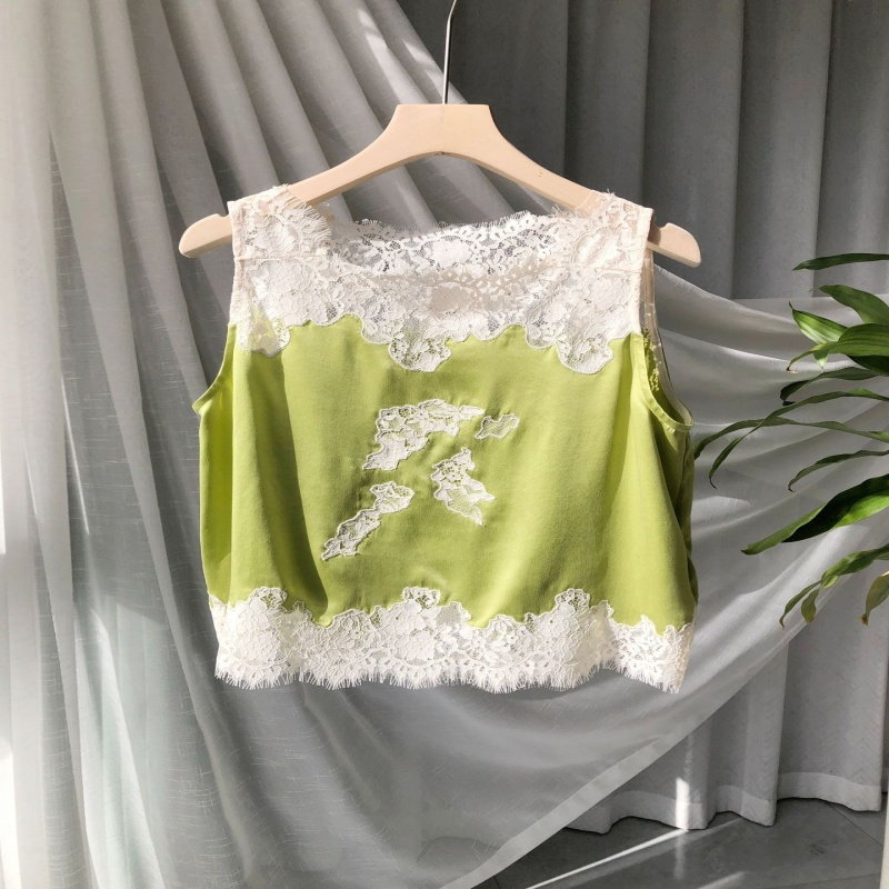 Ensemble short et débardeur sans manches en soie de mûrier pour femme, en satin doux, avec dentelle, broderie française romantique et patchwork, sexy et ajouré