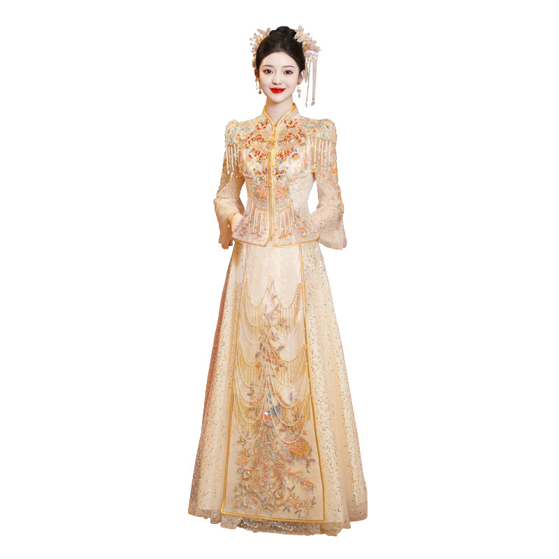 Robe de mariée traditionnelle chinoise modernisée pour Couple, longue broderie Cheongsam, élégante, pour mariée