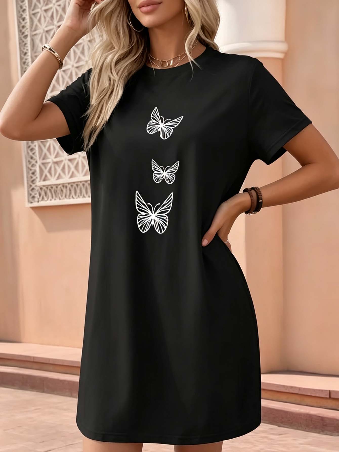 Robe d'été à manches courtes pour femmes, élégante et tendance, avec imprimé papillon, idéale pour les sorties estivales