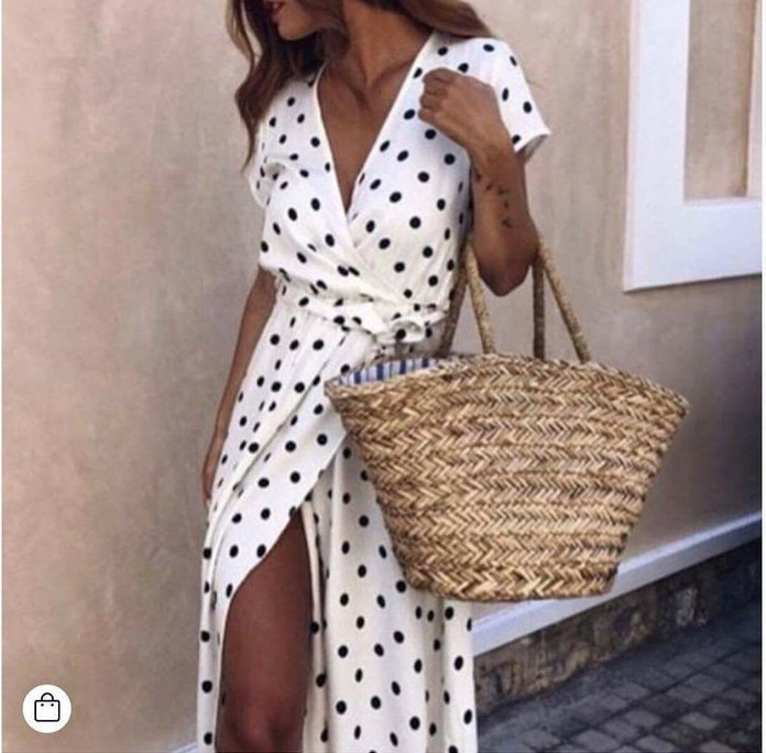 Robe d'été bohème pour femmes, manches courtes, col en v, coupe basse, imprimé à pois, vêtements pour femmes, YFL6256