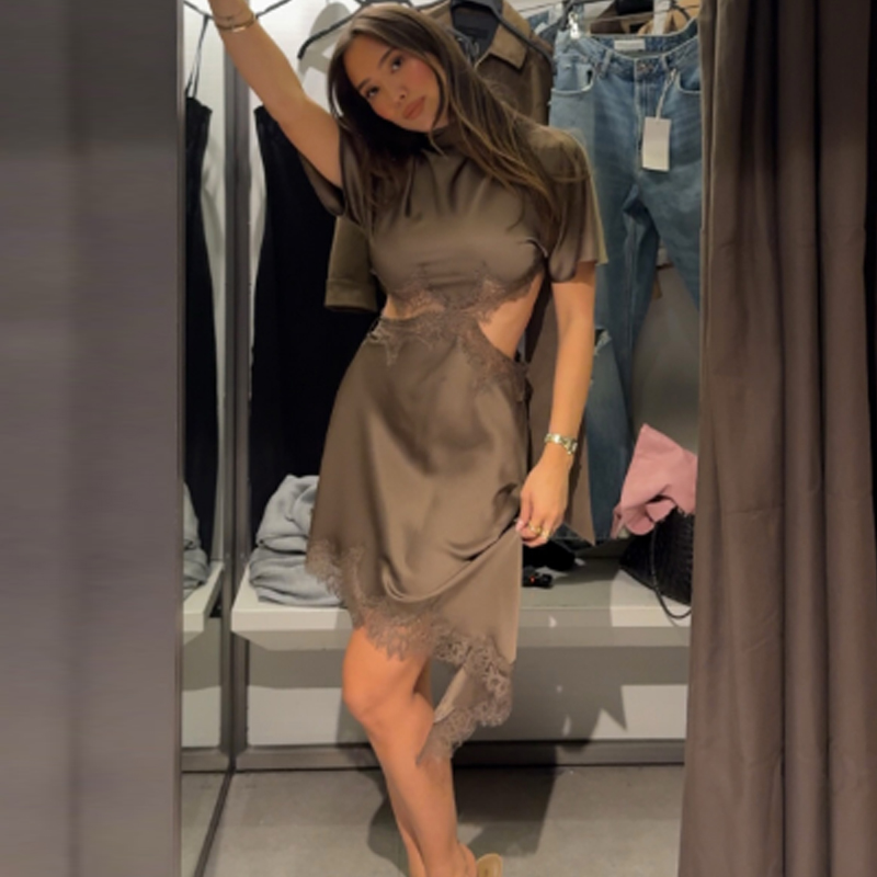 Robe asymétrique en satin et dentelle HXAO pour femme, collection été 2026, avec écharpe, manches courtes, découpes, style chic et élégant pour les soirées