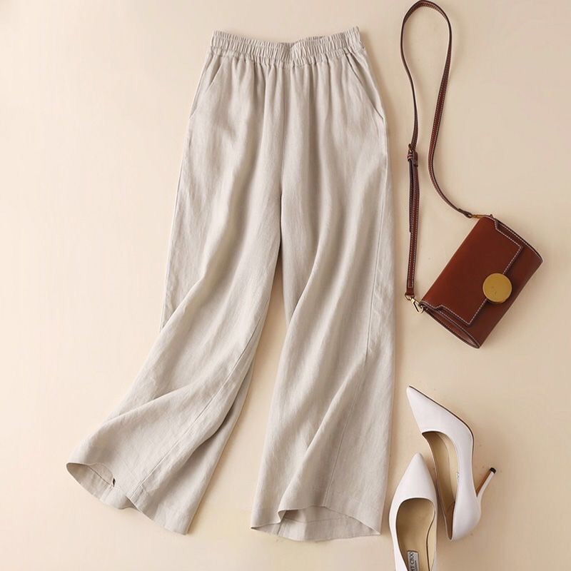 Mode pleine longueur pantalons décontractés pour femmes coton lin pantalon à jambes larges solide pantalon d'été femme ample taille haute pantalon droit