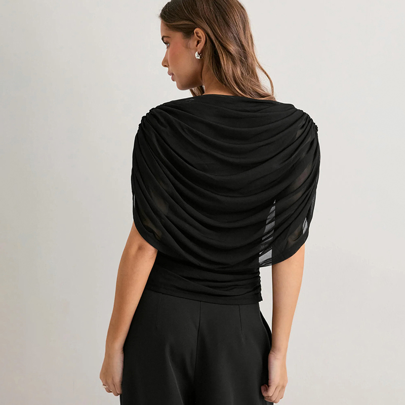Haut à col écharpe, haut plissé en maille à manches courtes, couleur unie, coupe ajustée