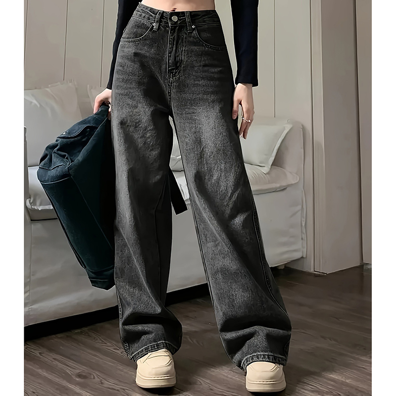 Jean taille haute pour femme, streetwear, designer, jambe large, gris classique, gothique, pantalon droit, mode
