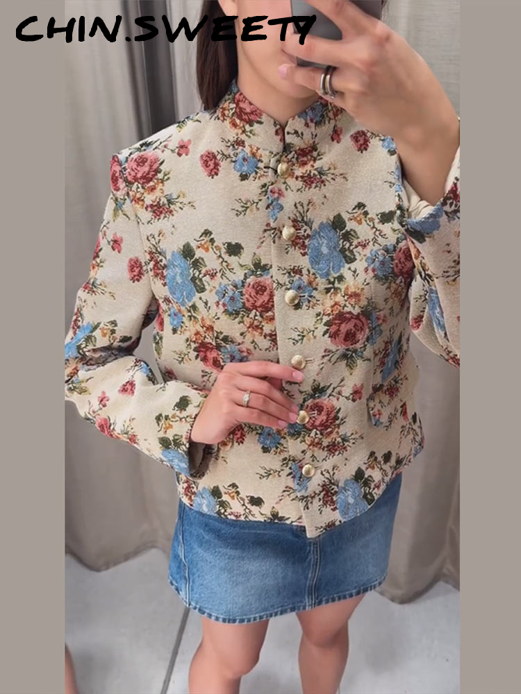 Manteau Chic Imprimé pour Femme, Manches Longues, Col Montant, Boutonnage Simple, Poches, Collection Automne 2026, Vêtement d'Extérieur Tendance pour Femme