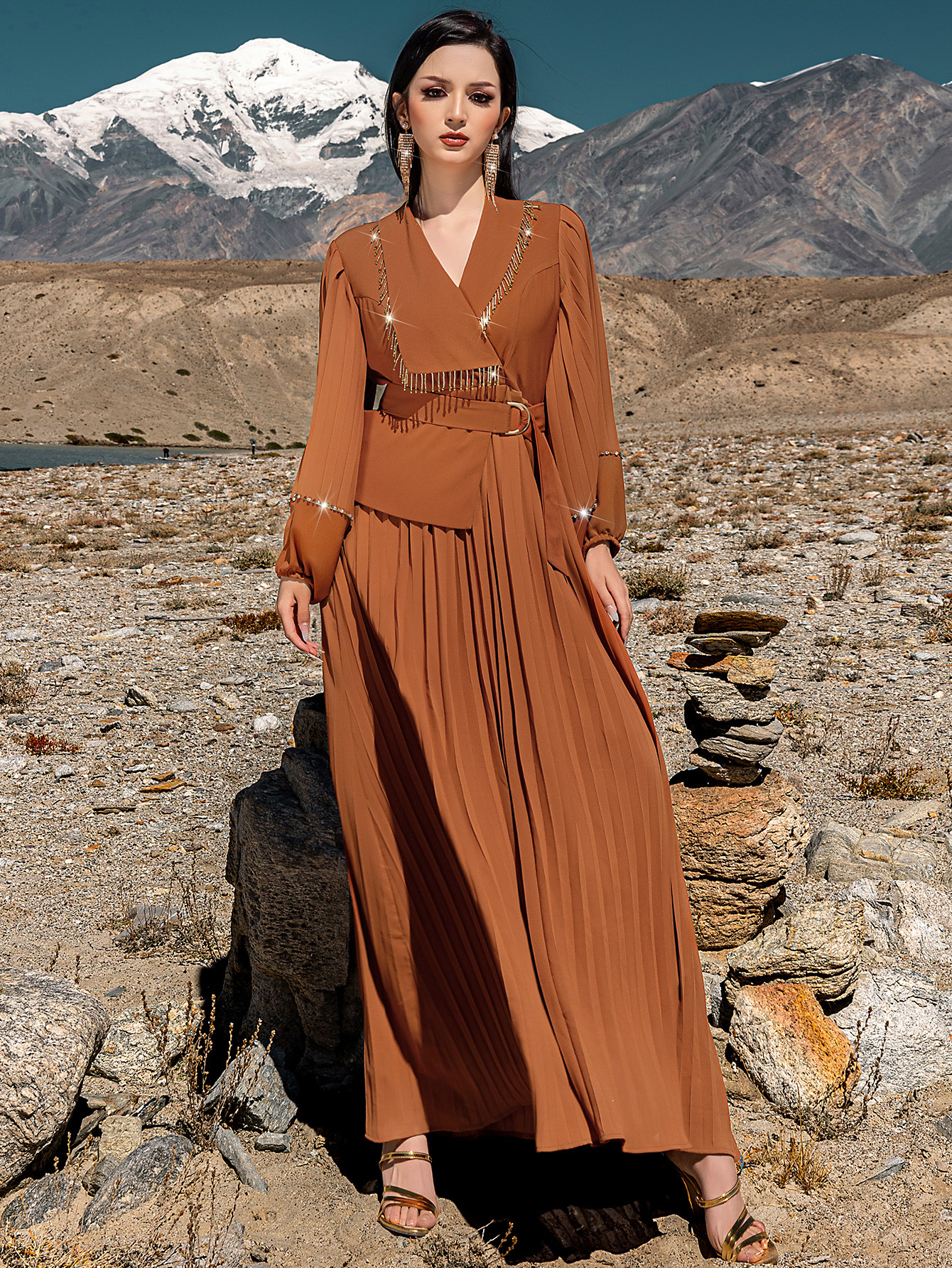 Mode femmes diamants Robe Maxi plissée revers Abaya dubaï caftan Eid Ramadan robes musulmanes turquie Robe Femme robes Caftan