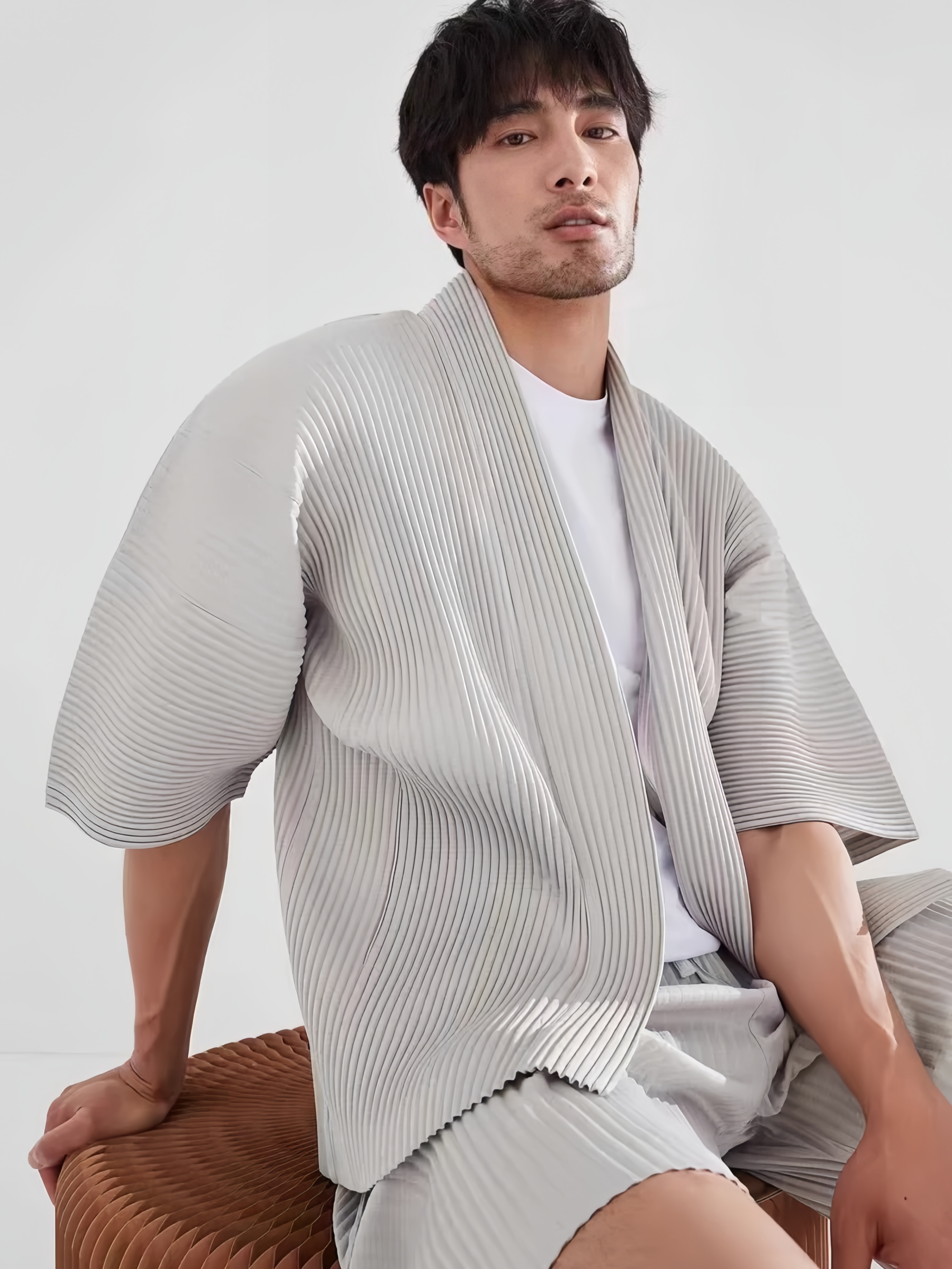 Veste Kimono Plissée Miyake pour Homme, Style Japonais, Manches Courtes, Ouverte sur le Devant, Cardigan Décontracté, Coupe Ample, Haut Streetwear