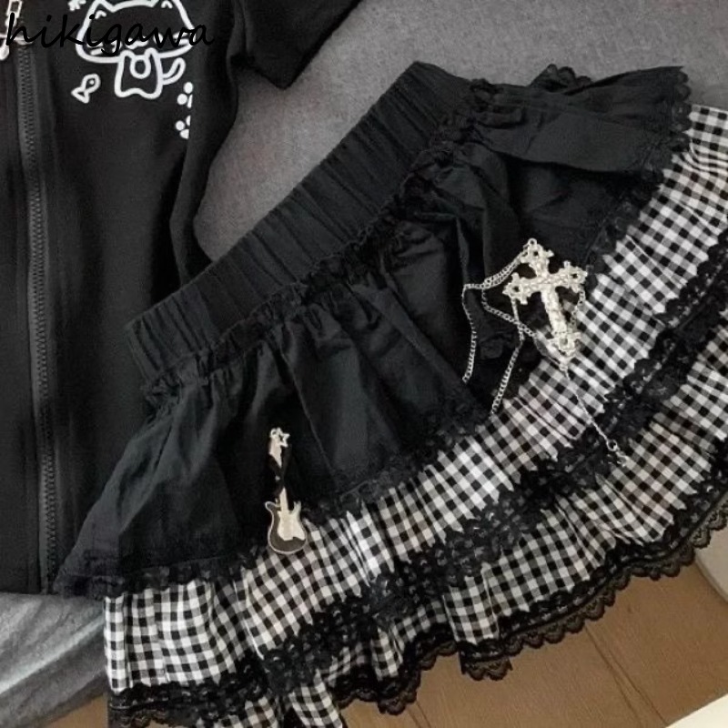 Mini jupes japonaises pour femmes, Streetwear, Patchwork en dentelle, Plaid Saia 2025, ligne a, mode Punk Y2k