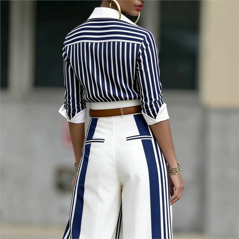 Ensemble deux pièces mode femme : chemise rayée imprimée à revers et manches longues à boutonnage simple + pantalon large pour l'automne