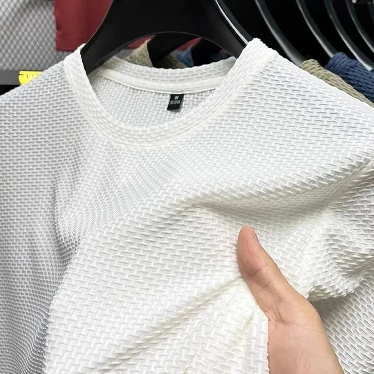 T-shirt en maille de soie glacée pour homme, à manches courtes et col rond, nouvelle collection, couleur unie, idéal pour l'été