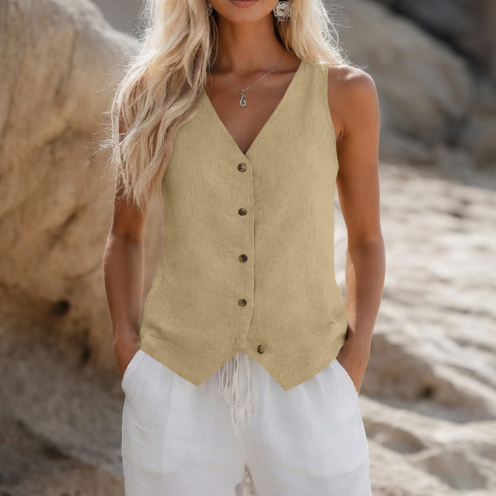 Gilets d'été décontractés pour femmes, chemises sans manches à col en V et boutons, en coton et lin, simples, pour le bureau