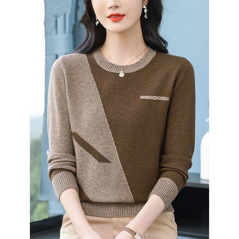 Vêtements pour femmes Vintage mode tricot laine pulls automne hiver nouveau élégant Chic Patchwork col rond chandails dame tout-match haut
