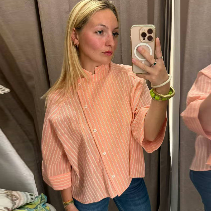 Chemises rayées roses pour femmes, été, boutons asymétriques, manches mi-longues, coupe ample, chemises décontractées, look de bureau, vintage, élégantes, hauts féminins