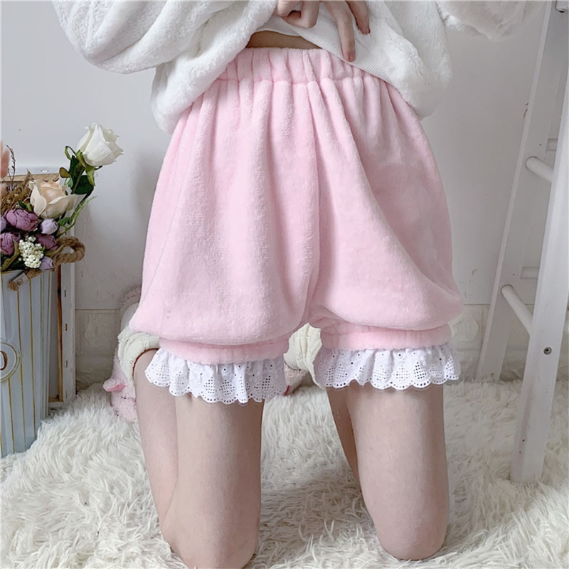 Short thermique en velours Lolita pour femme, pantalon bouffant, nœud à volants, Aliments adt, short en peluche