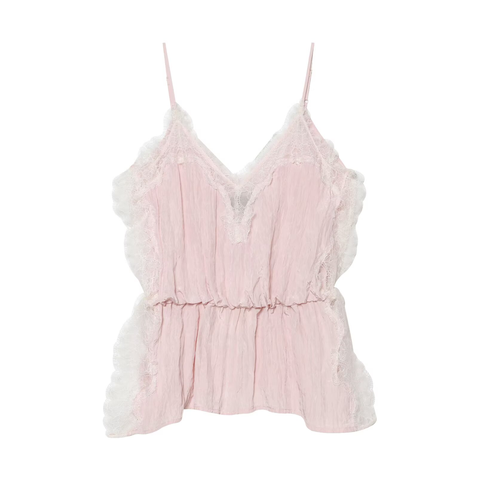 Haut court élégant rose en dentelle patchwork pour femme, style européen, col en V, dos nu, sans manches, collection été 2026