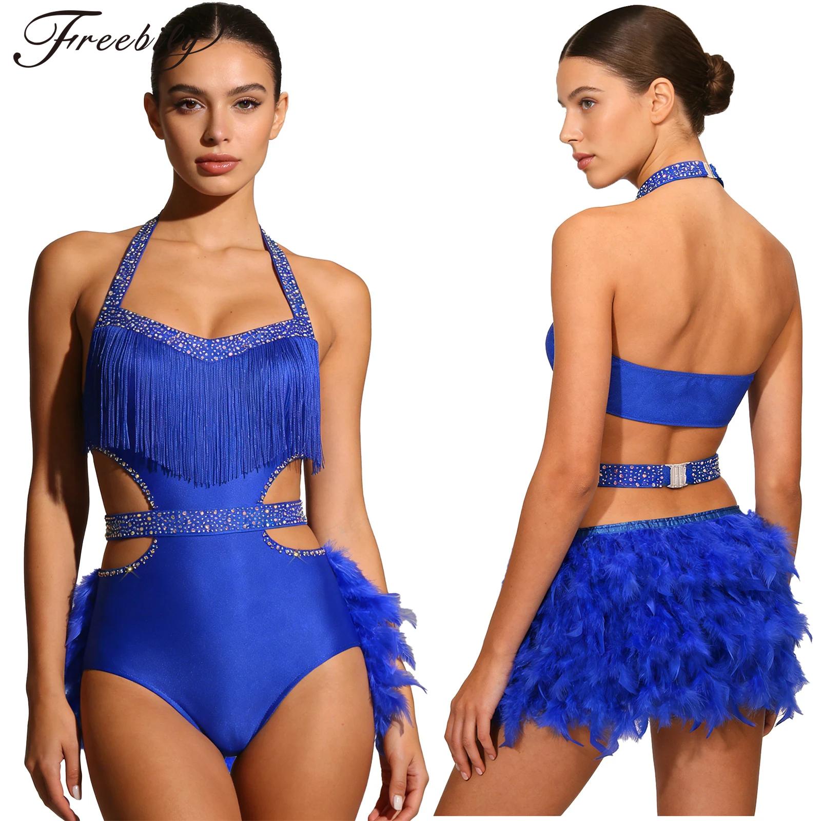 Femmes danse latine Salsa Rumba Samba cha-cha Tango salle de bal justaucorps robe licou découpe strass plume body vêtements de danse