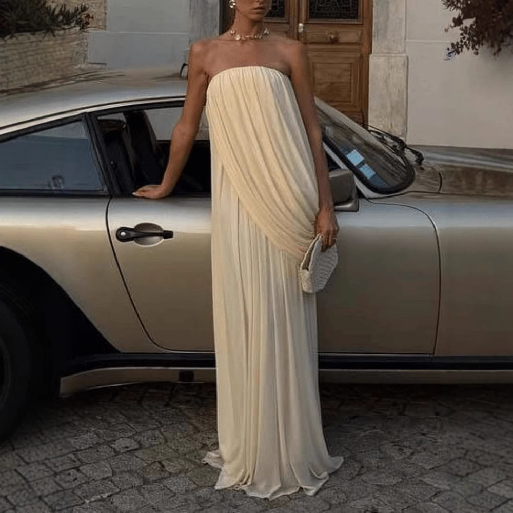Robe de soirée élégante pour femme, couleur unie simple, sexy, avec plis, bustier, longue, design tendance, coupe irrégulière, ample, Vestidos