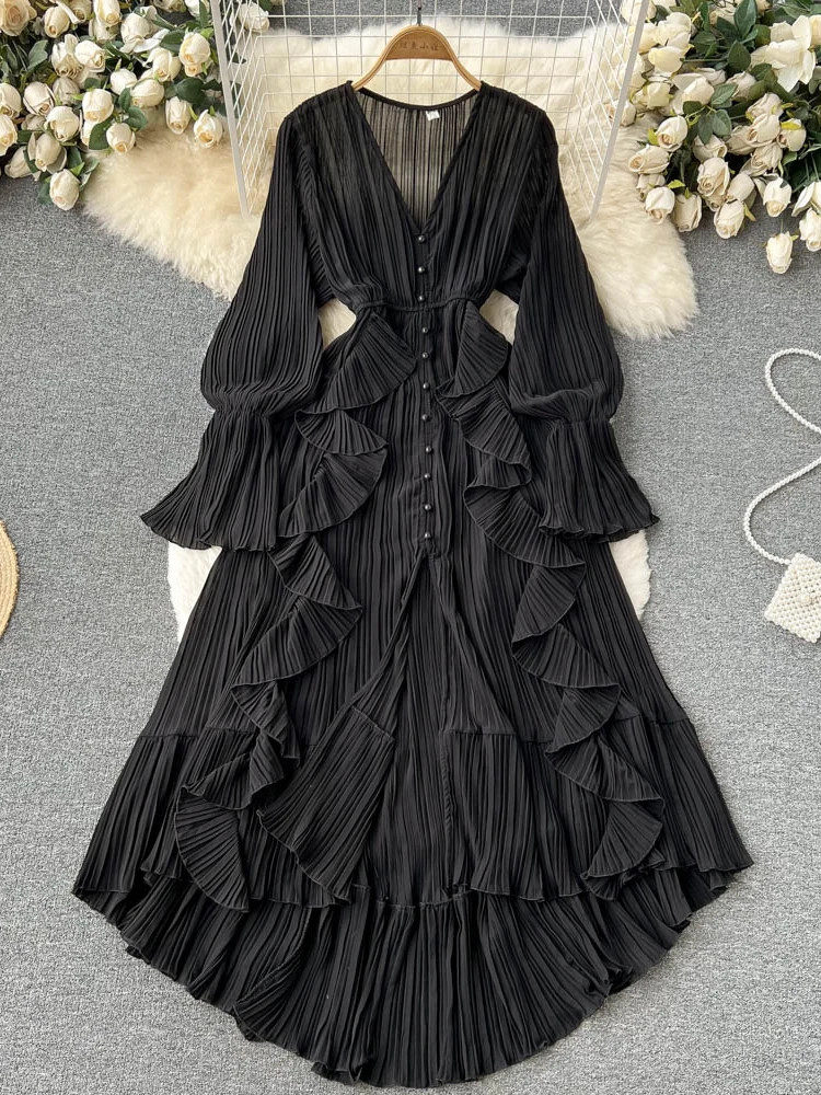 Robe longue plissée en mousseline de soie pour femme, col en V, dentelle, simple boutonnage, robe trapèze, vintage, élégante, plage, cuir chevelu