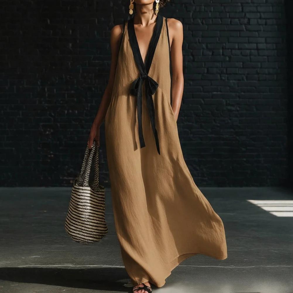Robe longue maxi sans manches pour femme, col en V profond, color block, fluide et ample, style débardeur, pour l'été, la plage et les vacances, avec poches