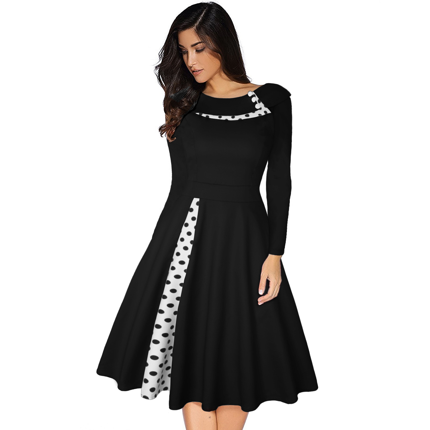 Robe Vintage pour femmes Rockabilly à pois imprimé Sexy Patchwork à manches longues taille haute balançoire décontracté fête Midi robes Robe