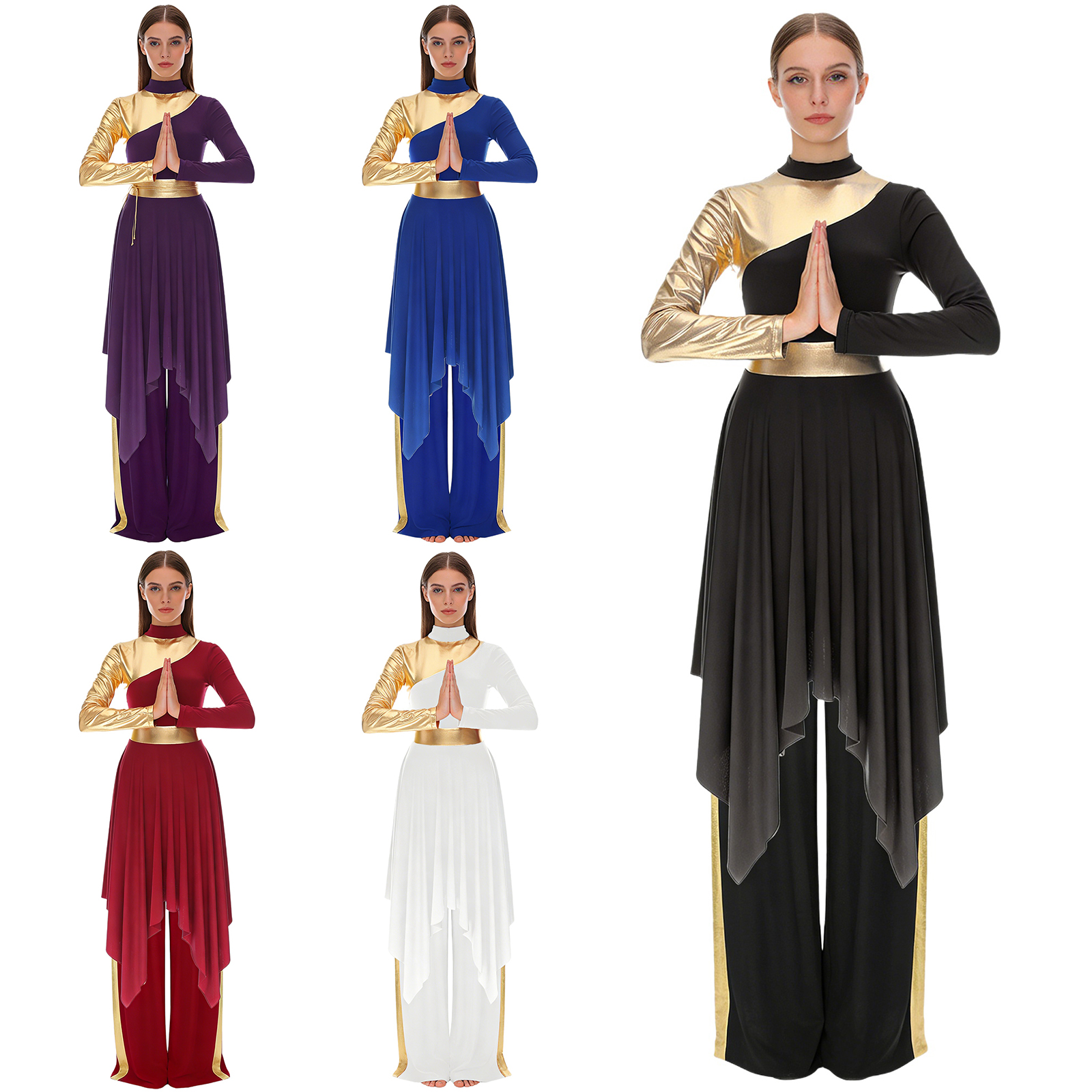 Robes d'église pour adultes, costumes de danse liturgique lyrique pour femmes, robe de louange + pantalon, ensemble de vêtements de danse de chœur à manches longues