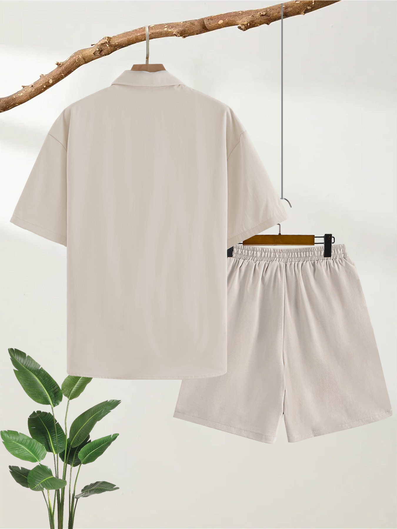 Ensemble deux pièces pour homme : chemise à manches courtes effet coton et short cinq-quarts, style décontracté et ample pour l'été, tenue de travail complète