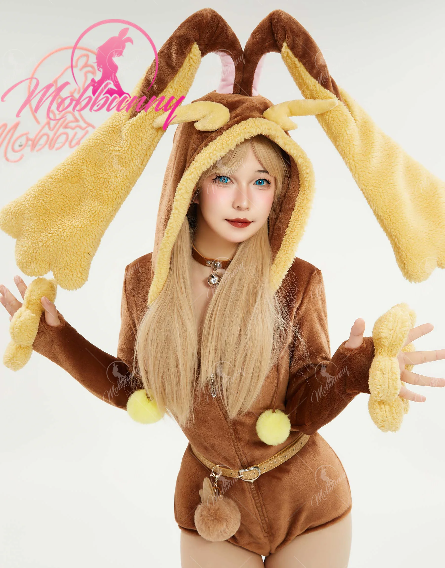 Mobbunny PM Derivative peluche Homewear moelleux moulante barboteuse body à capuche avec chaussettes cuisses et tour de cou
