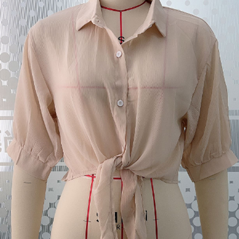 Vêtements d'été anti-UV, vêtements décontractés amples, chemisier élégant uni à nouer à la taille, chemisier en mousseline à manches chauve-souris mi-longues boutonné