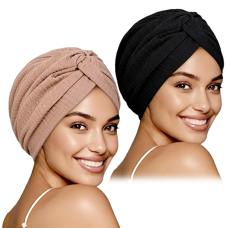 Lot de 2 Turbans Musulmans Plissés pour Femmes, Hijab Extensible à Nœud Torsadé, Foulard Chimio, Couvre-Chef, Coiffe Islamique
