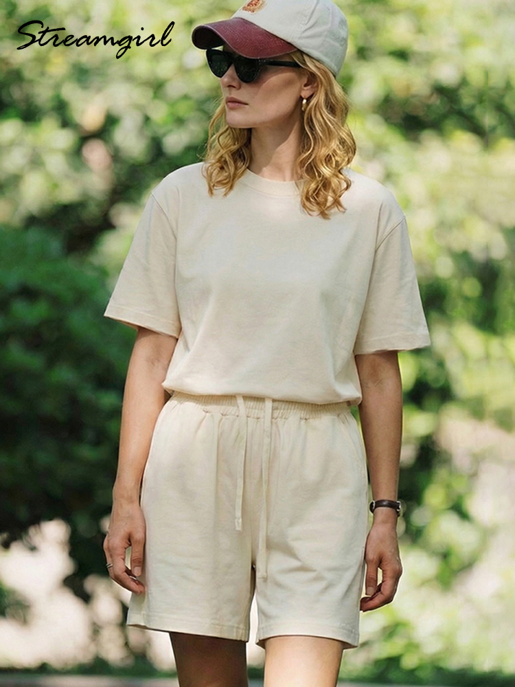 Ensemble short 2 pièces été femme en coton marron, t-shirts et shorts oversize, tenues deux pièces pour femme, ensembles courts blancs, rose
