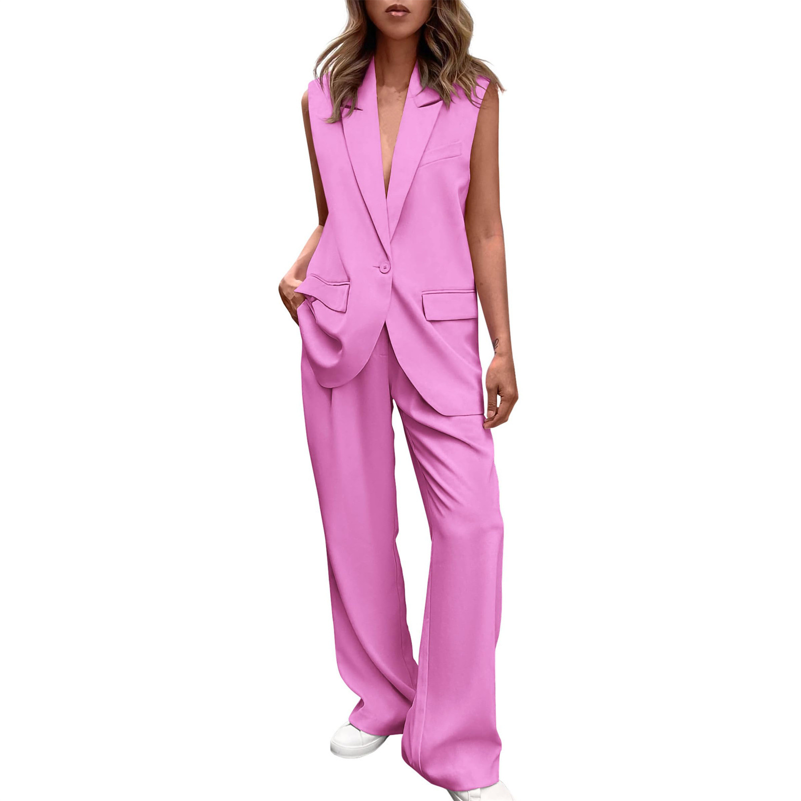 Costumes élégants pour femmes, ensemble 2 pièces, gilet et pantalon, col en v, sans manches, hauts + pantalons à jambes larges, tenues pour femmes, nouvelle collection été 2025