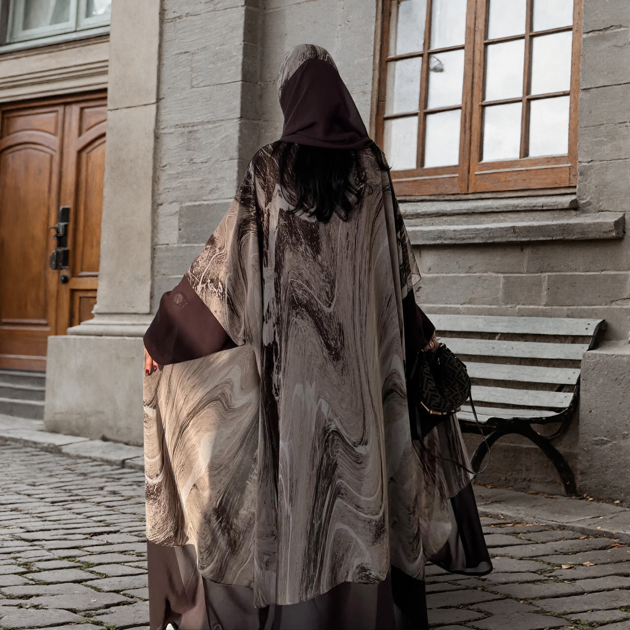Ensemble Abaya en Chiffon Imprimé 2 pièces |   Kaftan long décontracté pour femmes musulmanes, à col ouvert, avec hijab assorti